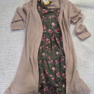 Floral Green and Pink Kids Casual Dress with Cardigan
